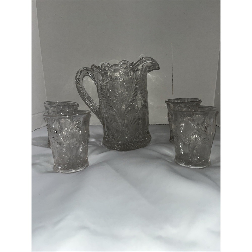 eapg glass Cambridge Inverted Thistle 42 Oz Pitcher And Four Glasses Mosser